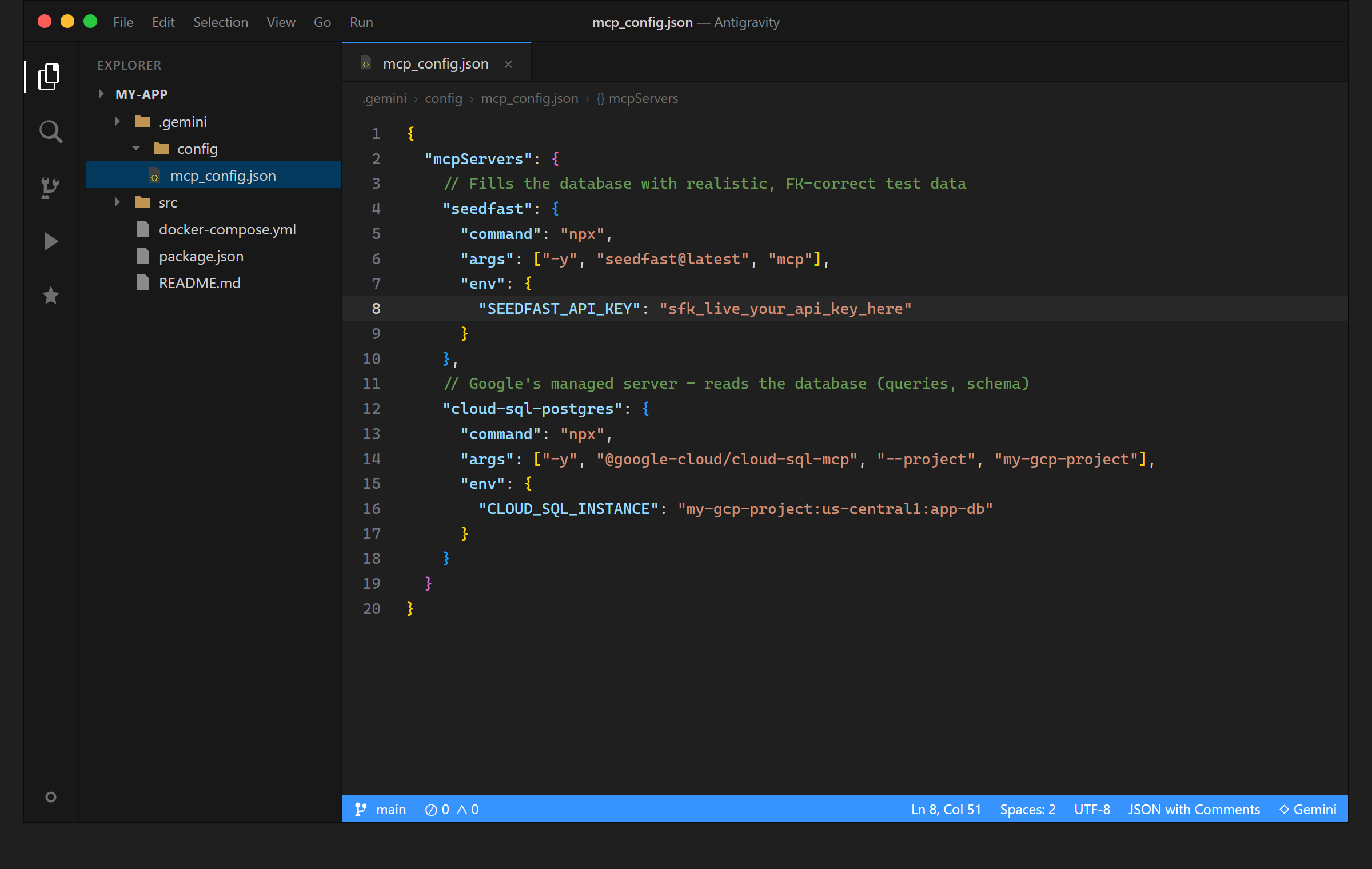 Seedfast registered in Antigravity's mcp_config.json alongside Google's Cloud SQL server, one filling the database and one reading it