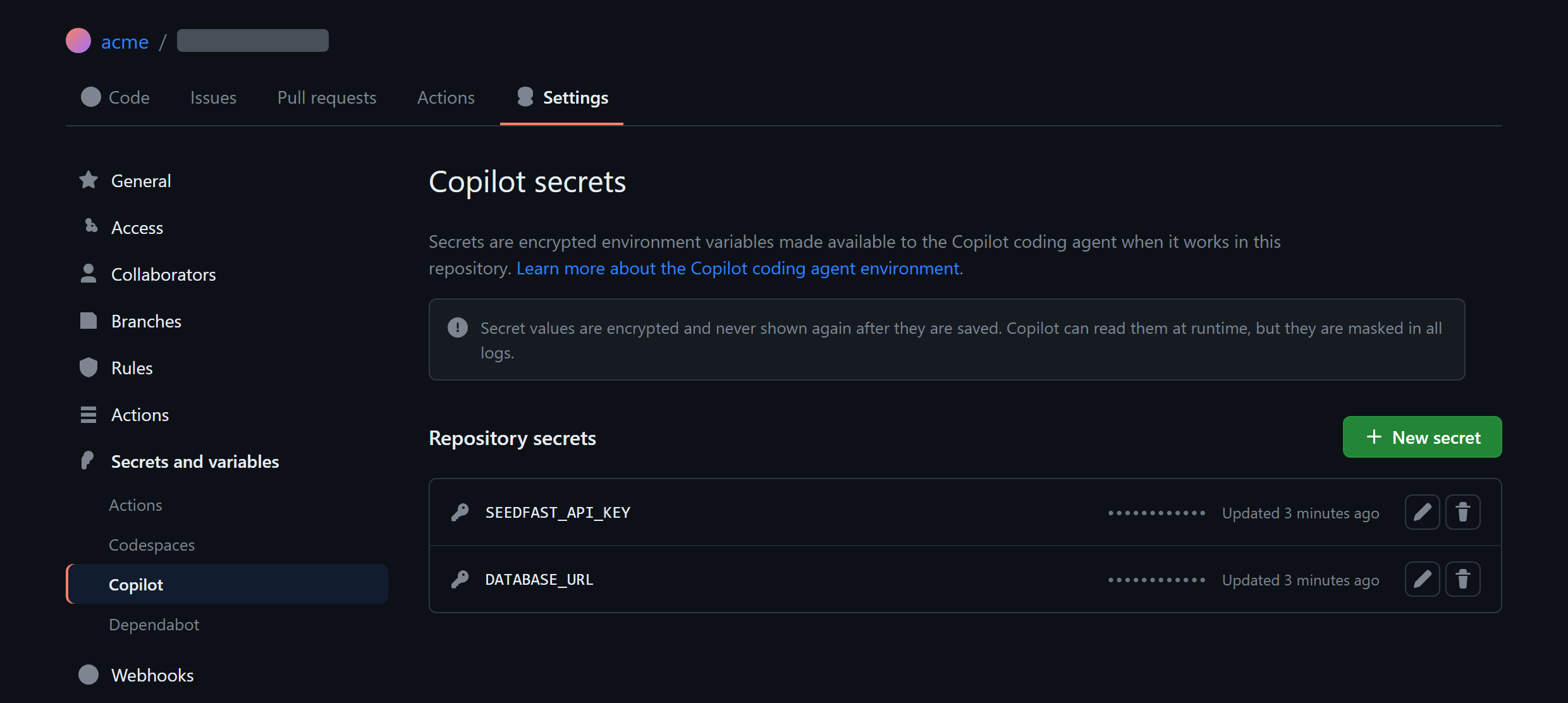SEEDFAST_API_KEY configured as a Copilot secret in repository settings
