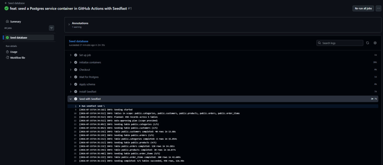 A successful GitHub Actions run titled "seed a Postgres service container in GitHub Actions with Seedfast": the postgres service initialised, the wait-for-Postgres and apply-schema steps green, and the expanded Seed with Seedfast step logging 498 records across 5 tables in scope, ending in 5 of 5 tables succeeded.