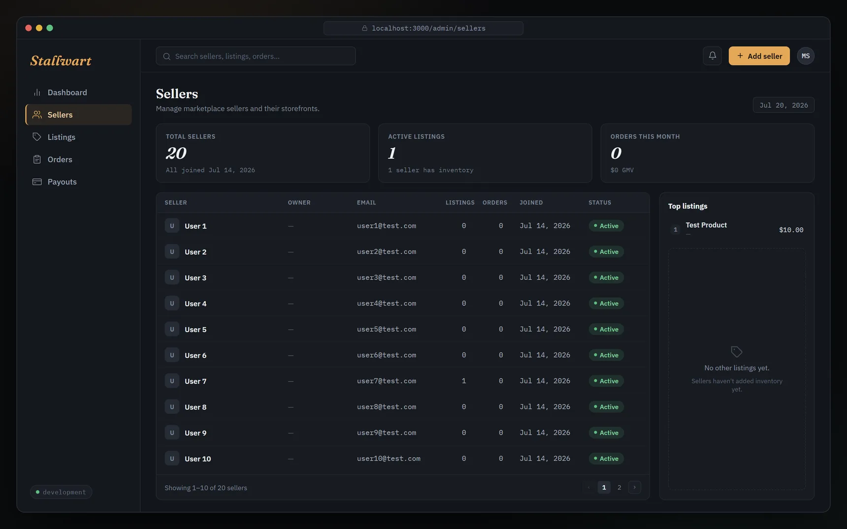 A marketplace admin panel running on placeholder rows — sellers named User 1 through User 10 with user1@test.com emails and a single listing called Test Product